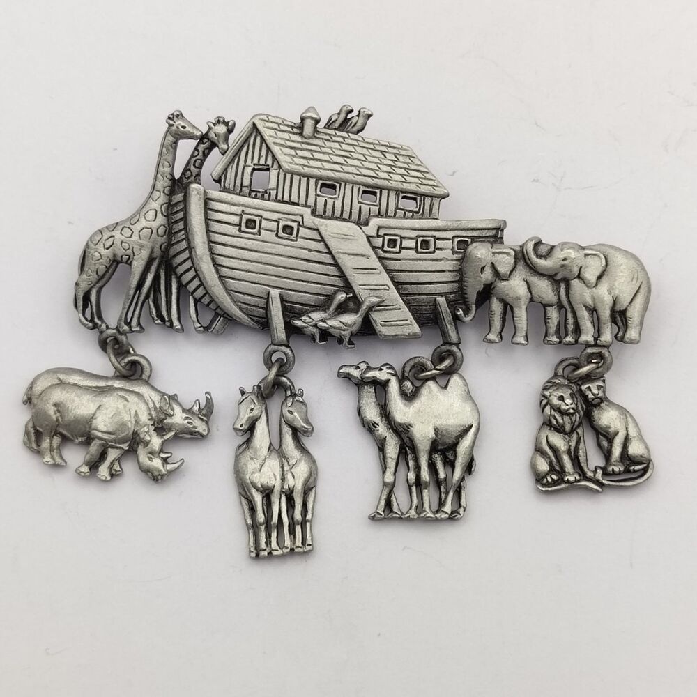 JJ Noah's Ark Brooch Pin approx 2.5" W Silver Tone Dangle Animal Pairs Vintage